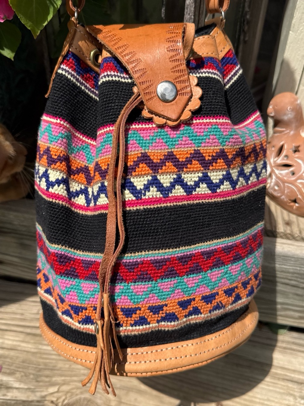 Guatemala Boho Multicolor Woven Bucket Bag with Tan Leather Trim